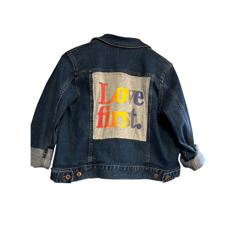 J. Crew Mercantile Jean Jacket Blue Sz M with Love First Back Hit On Jacket Back